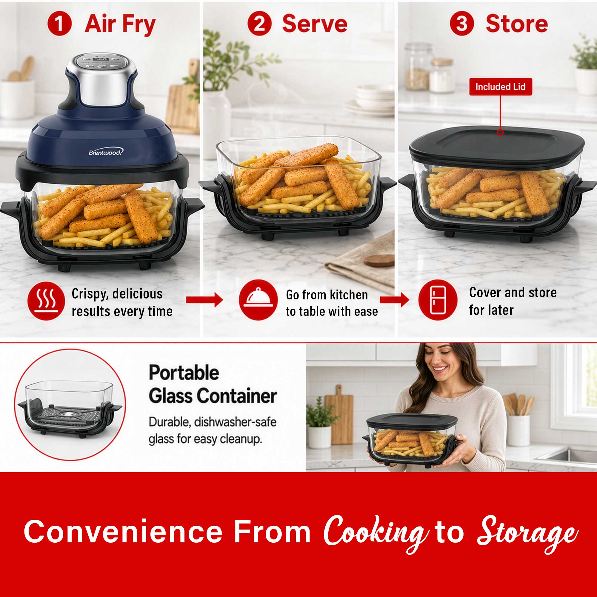 Brentwood AF-450DGBL 4.5-Quart Digital Glass Air Fryer w/Lid, Non-Toxic, Dishwasher/Microwave/Freezer Safe Glassware, 4 Cooking Presets, 60 Minute Timer & Temp. Control, Auto Shut Off, Blue
