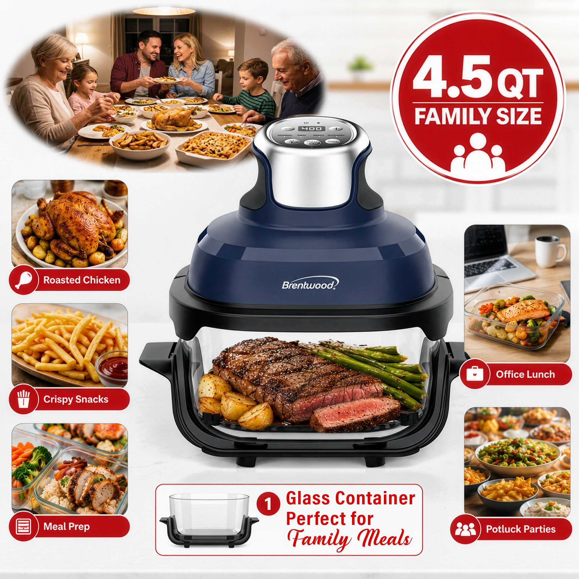 Brentwood AF-450DGBL 4.5-Quart Digital Glass Air Fryer w/Lid, Non-Toxic, Dishwasher/Microwave/Freezer Safe Glassware, 4 Cooking Presets, 60 Minute Timer & Temp. Control, Auto Shut Off, Blue