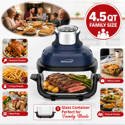 Brentwood AF-450DGBL 4.5-Quart Digital Glass Air Fryer w/Lid, Non-Toxic, Dishwasher/Microwave/Freezer Safe Glassware, 4 Cooking Presets, 60 Minute Timer & Temp. Control, Auto Shut Off, Blue
