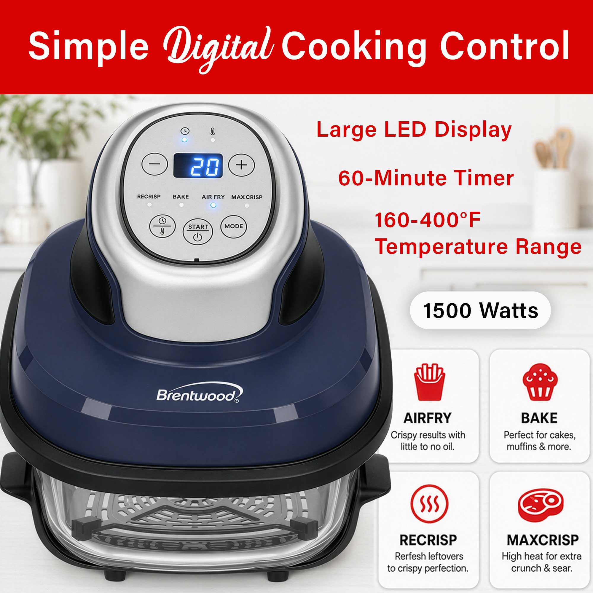 Brentwood AF-450DGBL 4.5-Quart Digital Glass Air Fryer w/Lid, Non-Toxic, Dishwasher/Microwave/Freezer Safe Glassware, 4 Cooking Presets, 60 Minute Timer & Temp. Control, Auto Shut Off, Blue