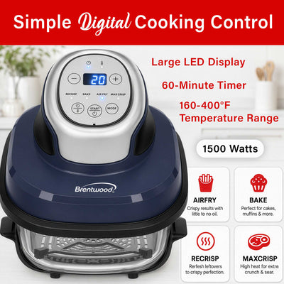 Brentwood AF-450DGBL 4.5-Quart Digital Glass Air Fryer w/Lid, Non-Toxic, Dishwasher/Microwave/Freezer Safe Glassware, 4 Cooking Presets, 60 Minute Timer & Temp. Control, Auto Shut Off, Blue
