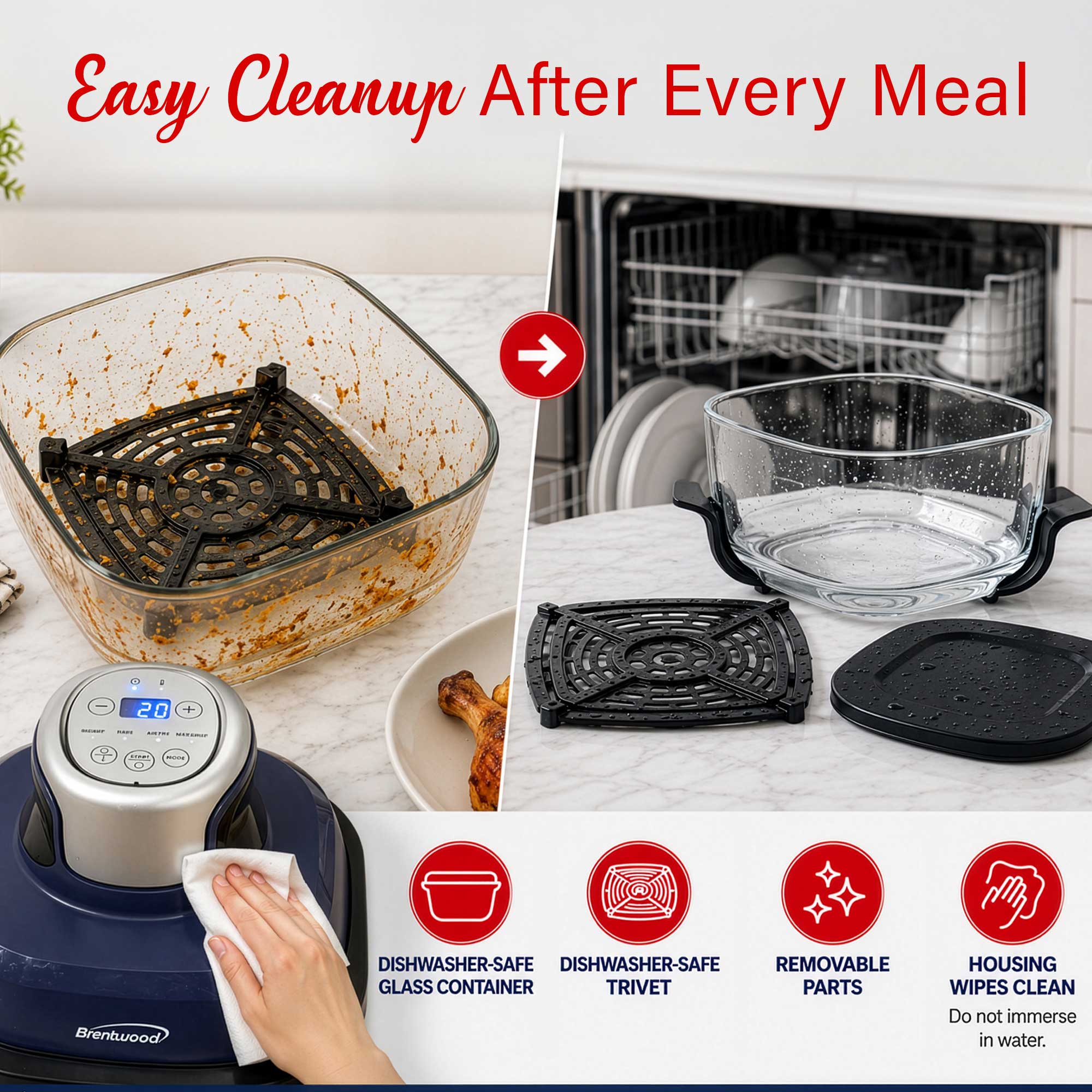 Brentwood AF-450DGBL 4.5-Quart Digital Glass Air Fryer w/Lid, Non-Toxic, Dishwasher/Microwave/Freezer Safe Glassware, 4 Cooking Presets, 60 Minute Timer & Temp. Control, Auto Shut Off, Blue