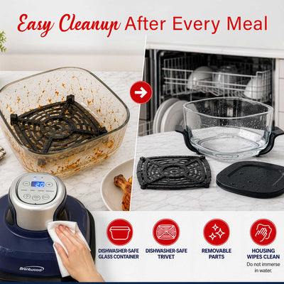 Brentwood AF-450DGBL 4.5-Quart Digital Glass Air Fryer w/Lid, Non-Toxic, Dishwasher/Microwave/Freezer Safe Glassware, 4 Cooking Presets, 60 Minute Timer & Temp. Control, Auto Shut Off, Blue