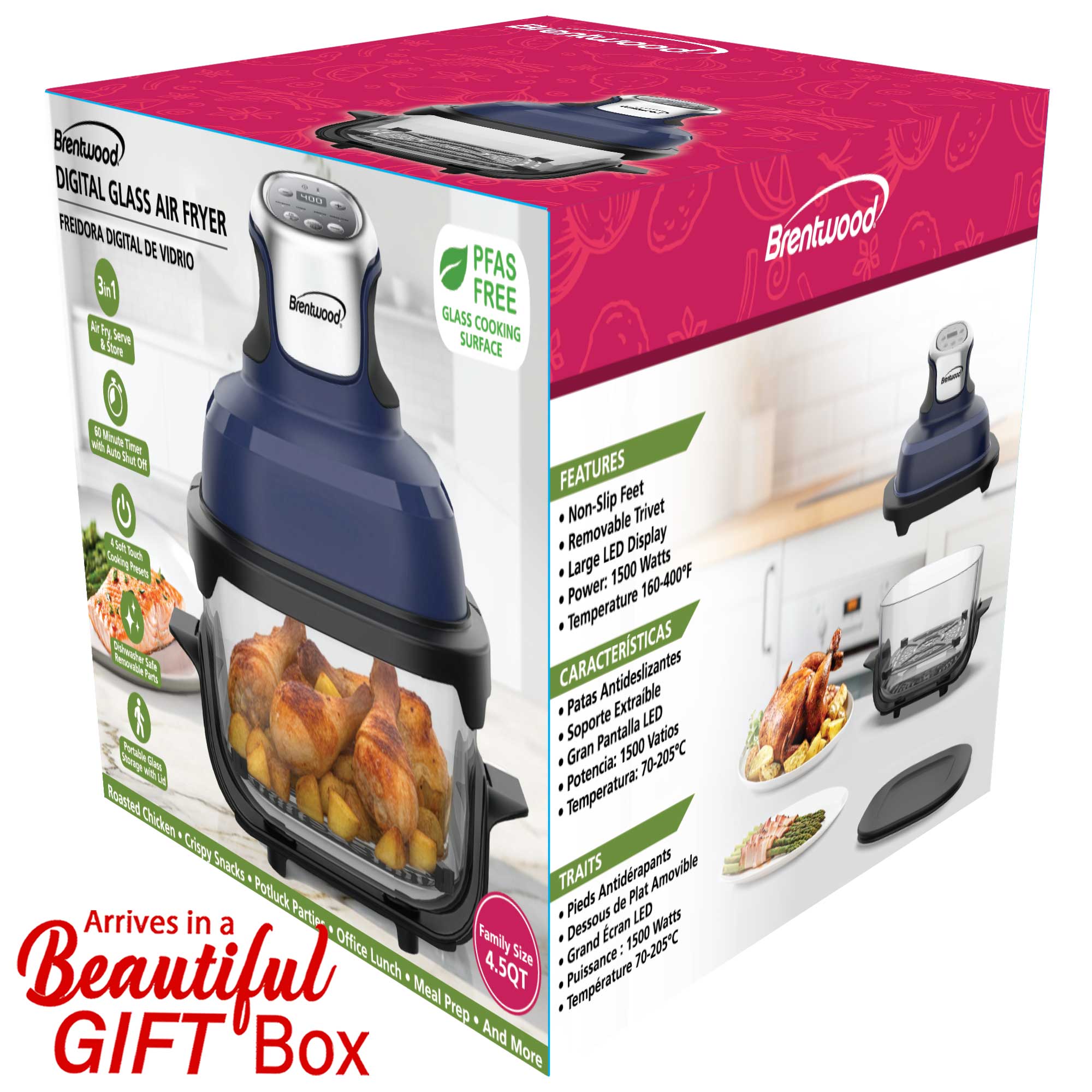 Brentwood AF-450DGBL 4.5-Quart Digital Glass Air Fryer w/Lid, Non-Toxic, Dishwasher/Microwave/Freezer Safe Glassware, 4 Cooking Presets, 60 Minute Timer & Temp. Control, Auto Shut Off, Blue