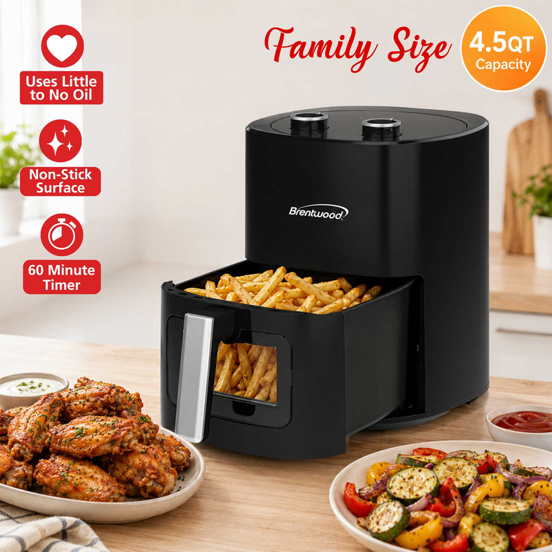 Brentwood AF-454BK 1500W 4.5-Quart Air Fryer with Easy View Window, 60 Minute Timer & Temp. Control, Black