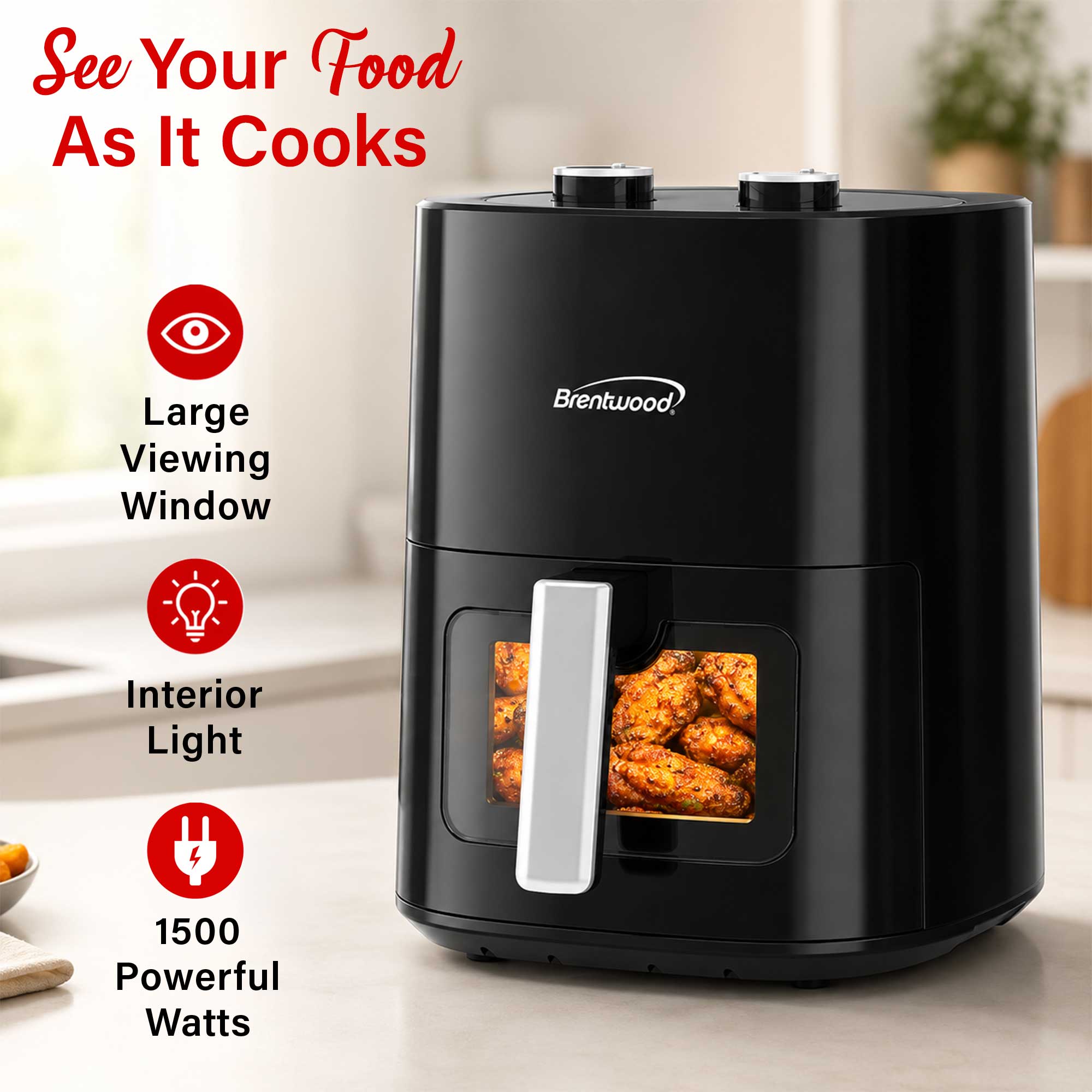 Brentwood AF-454BK 1500W 4.5-Quart Air Fryer with Easy View Window, 60 Minute Timer & Temp. Control, Black