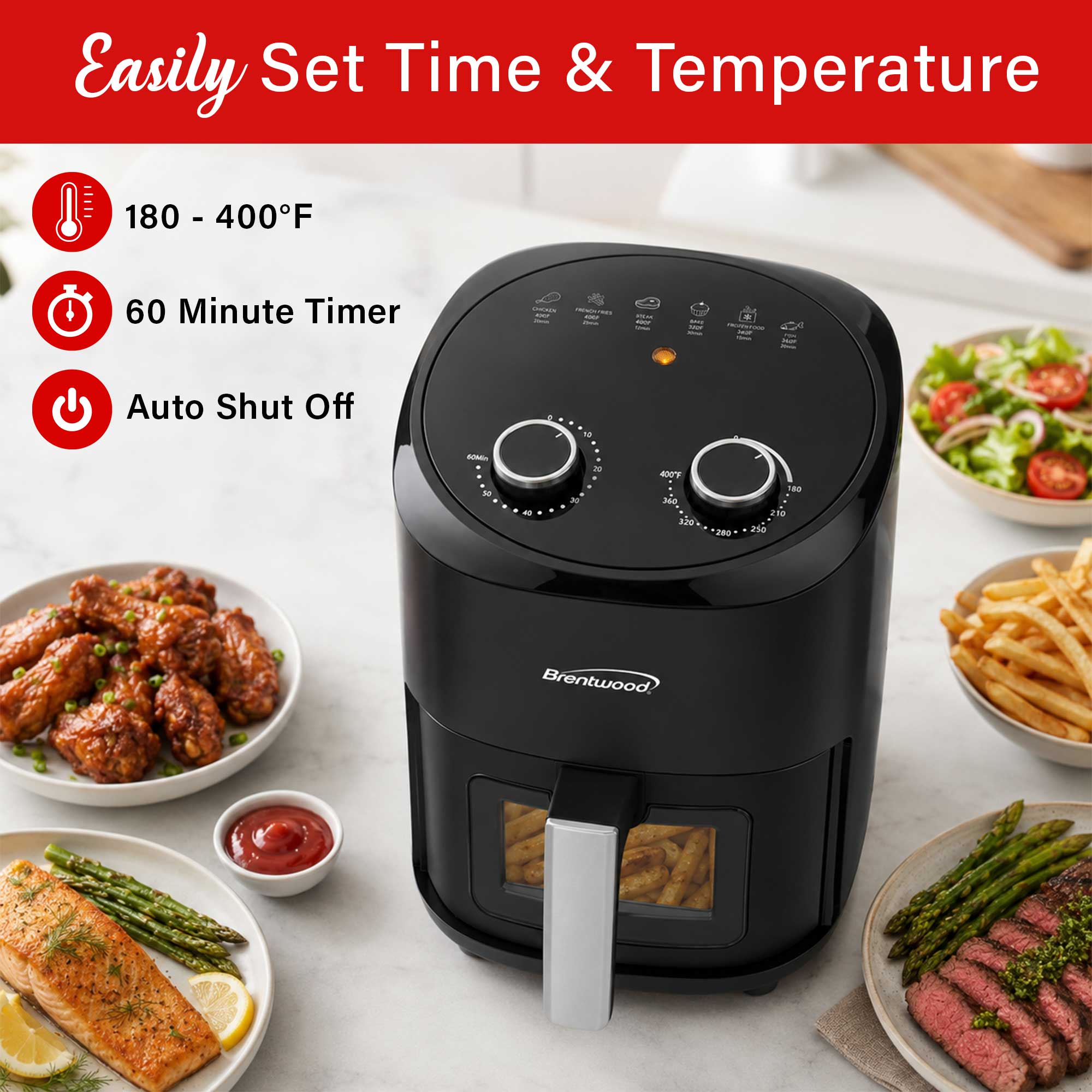 Brentwood AF-454BK 1500W 4.5-Quart Air Fryer with Easy View Window, 60 Minute Timer & Temp. Control, Black