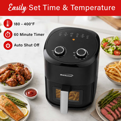 Brentwood AF-454BK 1500W 4.5-Quart Air Fryer with Easy View Window, 60 Minute Timer & Temp. Control, Black
