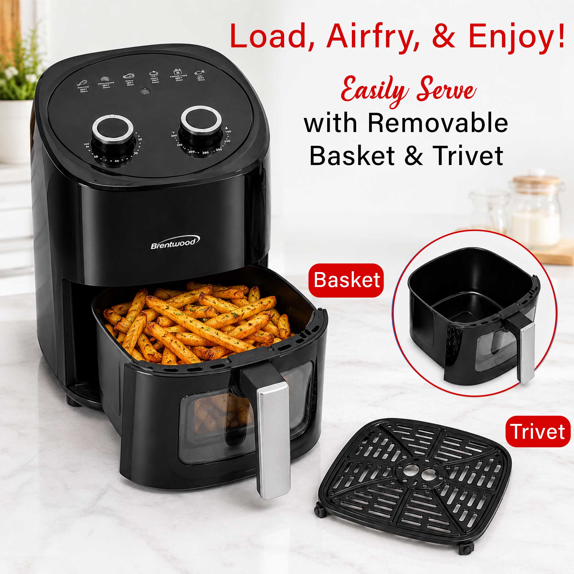 Brentwood AF-454BK 1500W 4.5-Quart Air Fryer with Easy View Window, 60 Minute Timer & Temp. Control, Black