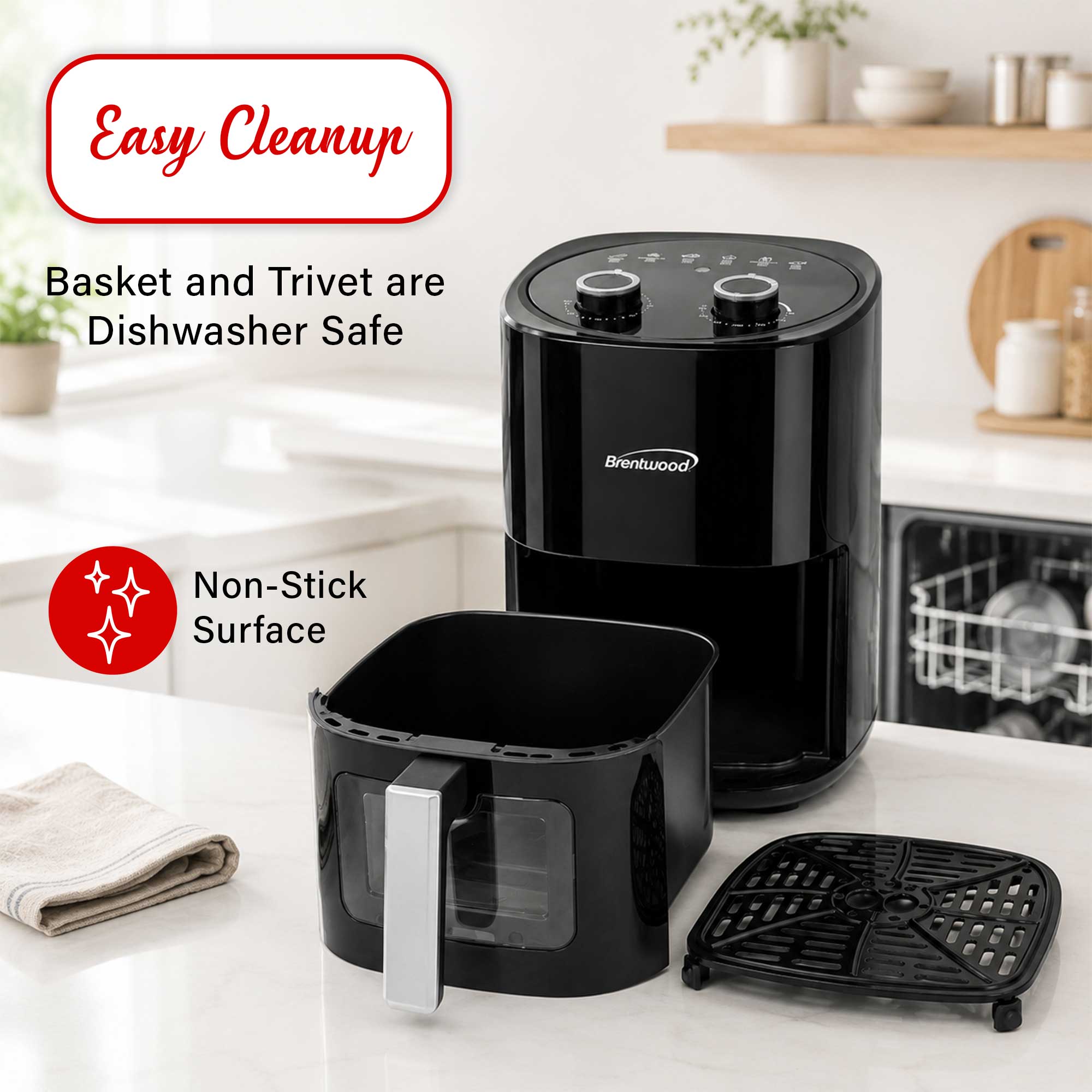 Brentwood AF-454BK 1500W 4.5-Quart Air Fryer with Easy View Window, 60 Minute Timer & Temp. Control, Black