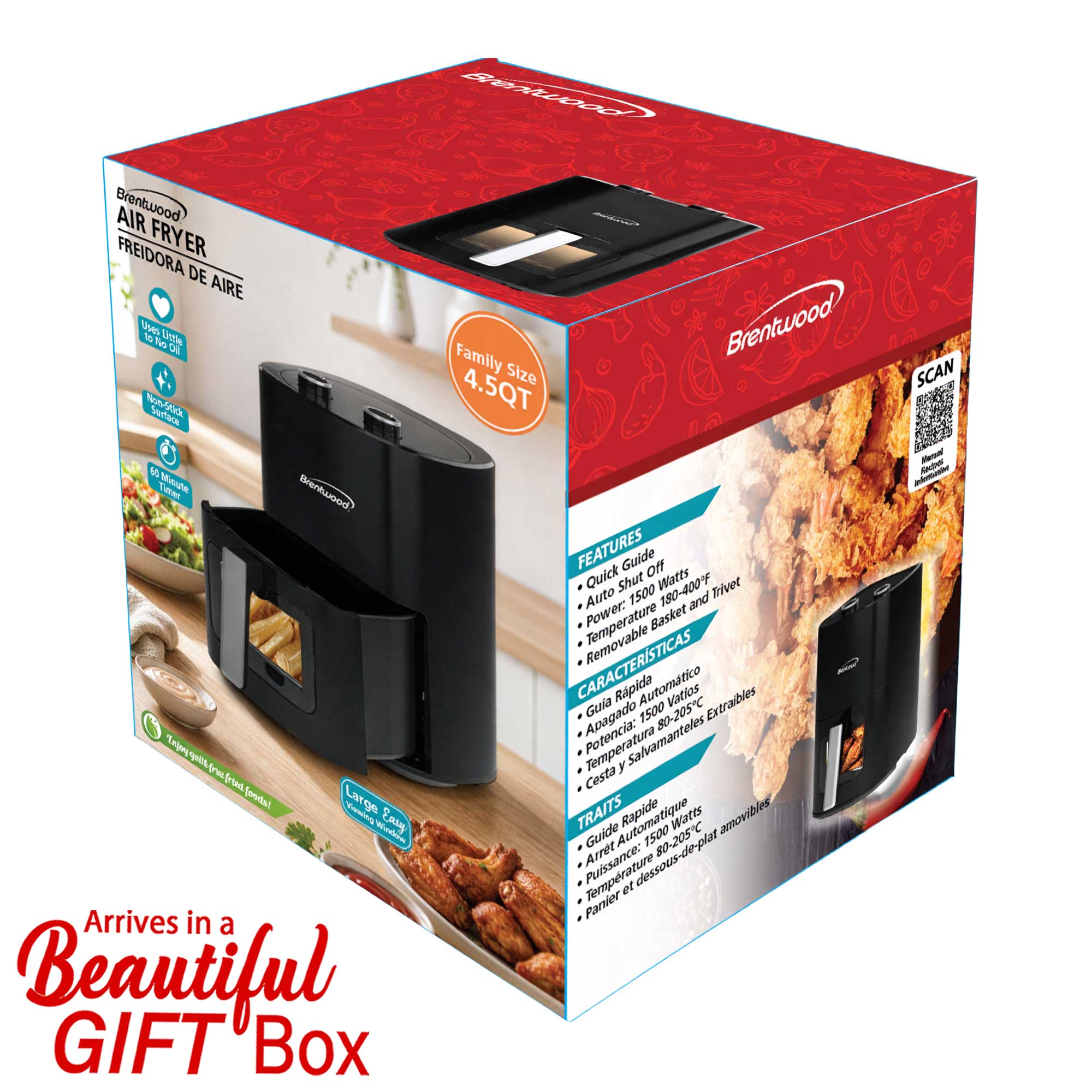Brentwood AF-454BK 1500W 4.5-Quart Air Fryer with Easy View Window, 60 Minute Timer & Temp. Control, Black