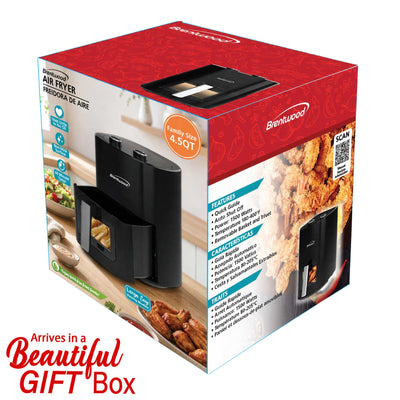 Brentwood AF-454BK 1500W 4.5-Quart Air Fryer with Easy View Window, 60 Minute Timer & Temp. Control, Black