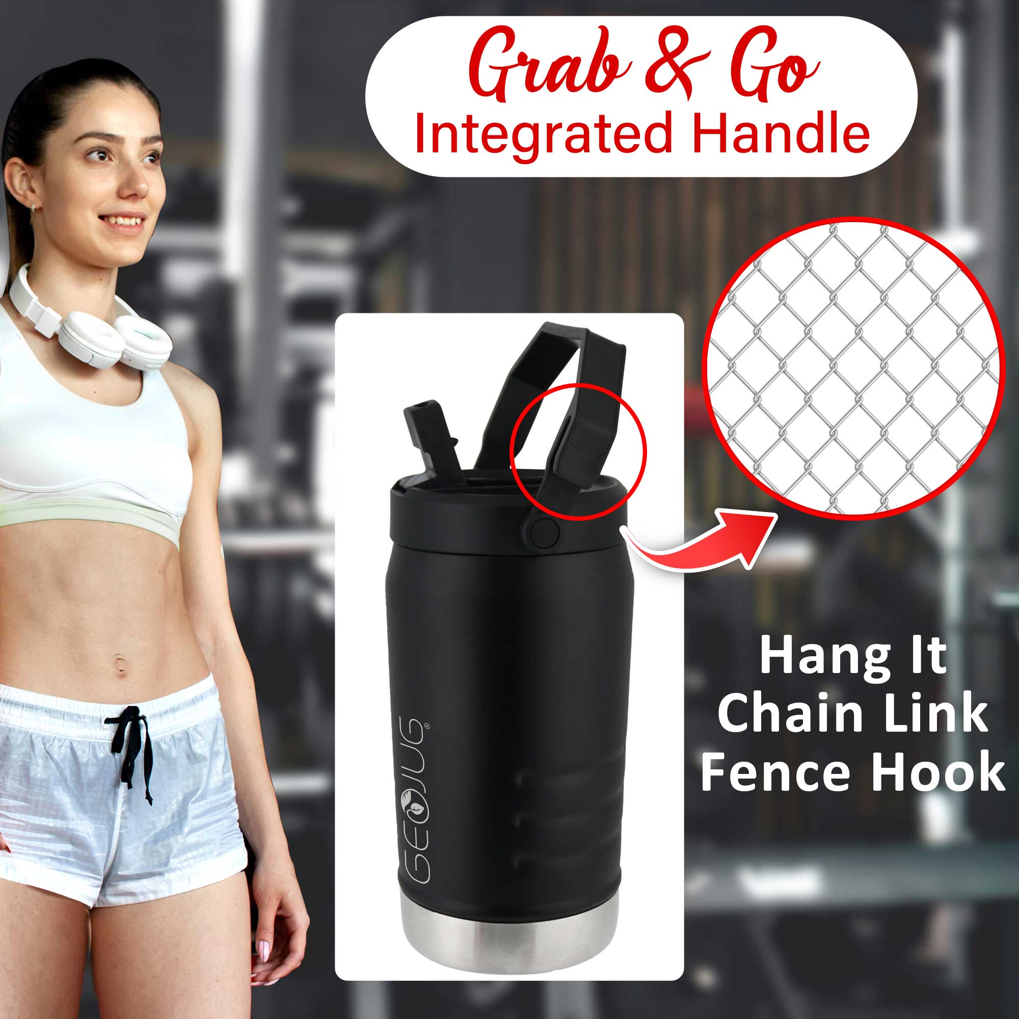 Brentwood GeoJug G-1200BK 40oz Stainless Steel Vacuum Insulated Sports Water Jug, Spout Straw Lid, Large Handle with Fence Hook, Black