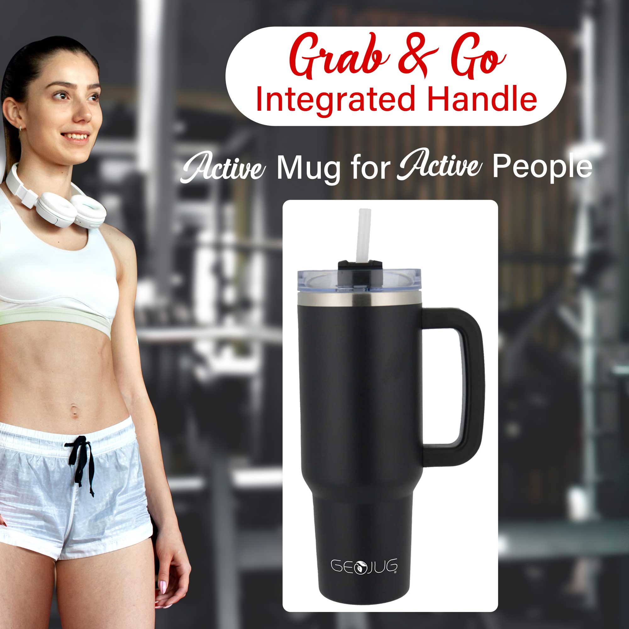 Brentwood GEOJUG CMB-1200BK 40oz Insulated Stainless Steel Tumbler Cup with Handle, Lid, and Straw, Black