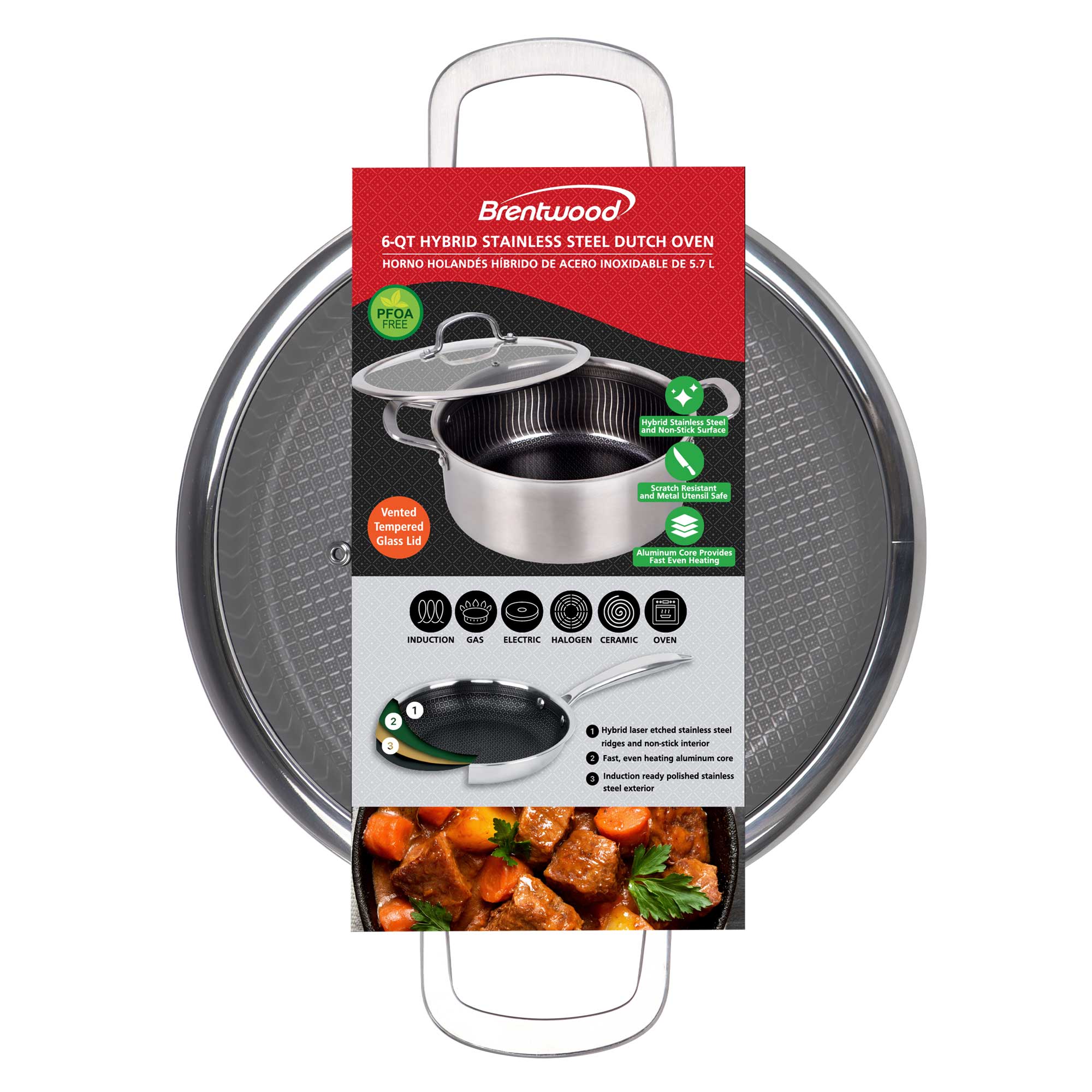 Brentwood B-DUH26L 6-Quart 3-Ply Hybrid Non-Stick Stainless Steel Induction Ready Dutch Oven with Tempered Glass Lid, Stay Cool Handles, Compatible with All Cooktops, Oven and Dishwasher Safe