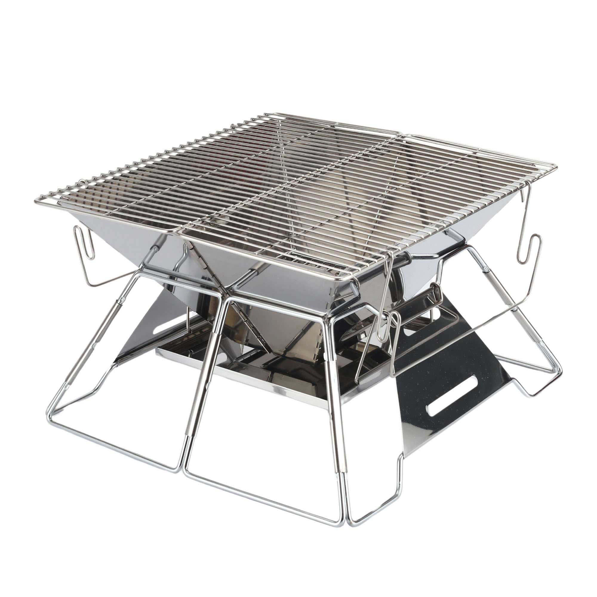 Brentwood BB-4X14SS 14” x 14” Portable Stainless Steel Folding Charcoal BBQ Grill and Outdoor Fire Pit with Carry Bag