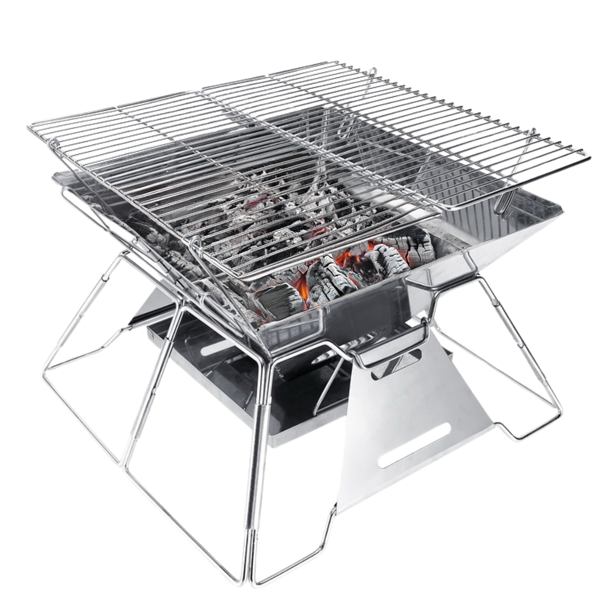 Brentwood BB-4X14SS 14” x 14” Portable Stainless Steel Folding Charcoal BBQ Grill and Outdoor Fire Pit with Carry Bag