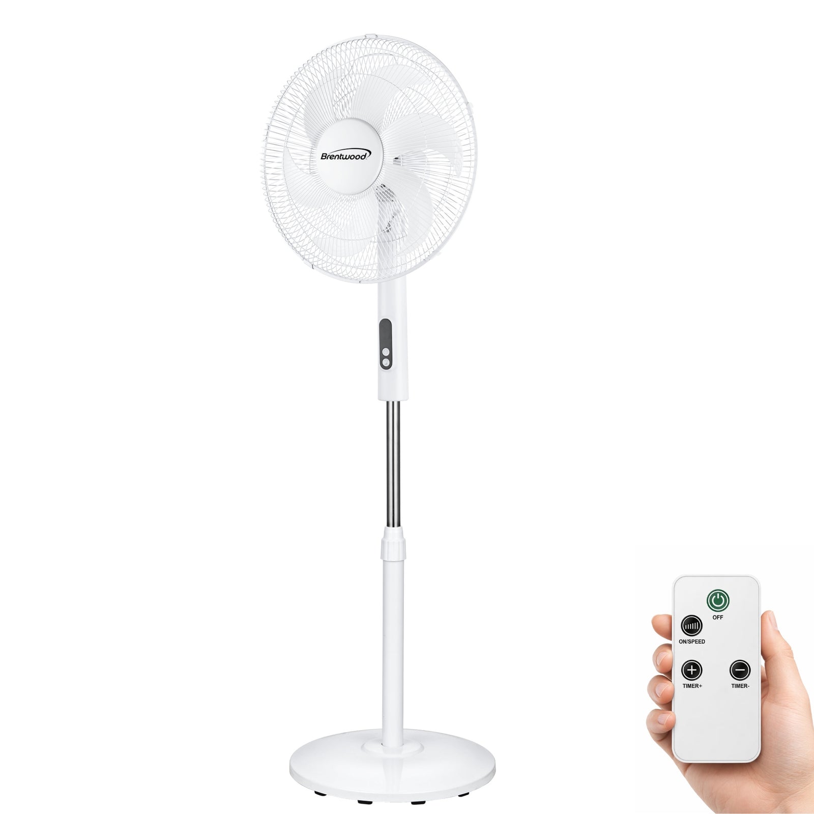 Coming Soon - Brentwood F-16RSW 16” Oscillating Stand Fan with Remote, 3 Quiet Speeds, 8hr Timer, Adjustable Height, Tilting Head, White