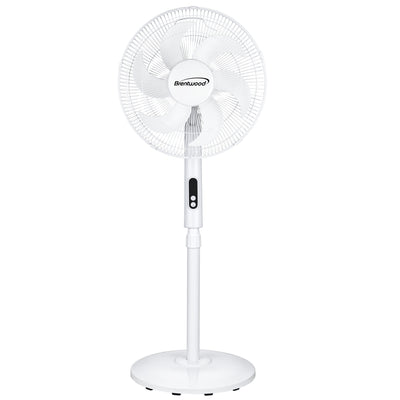 Brentwood F-16RSW 16” Oscillating Stand Fan with Remote, 3 Quiet Speeds, 8hr Timer, Adjustable Height, Tilting Head, White