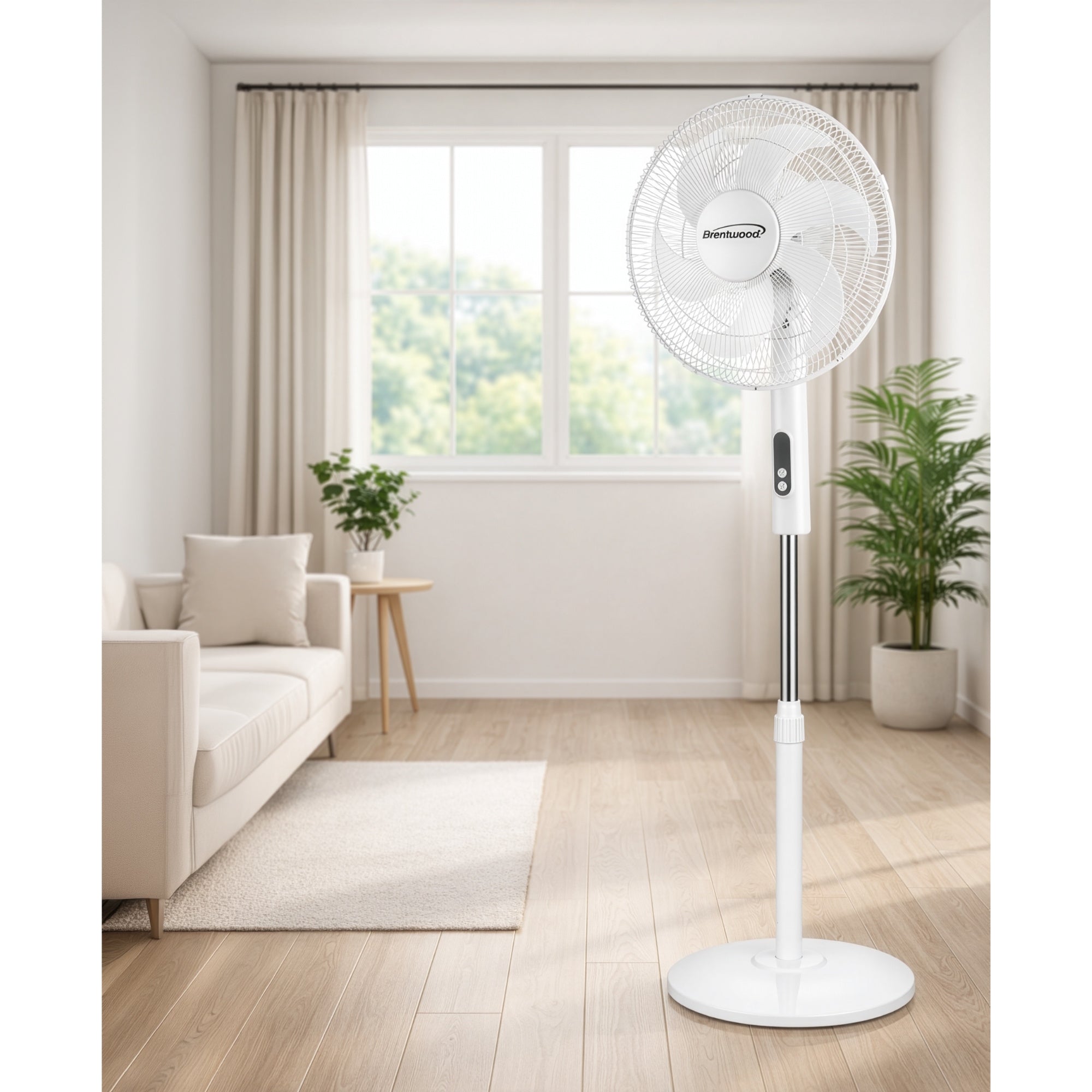 Brentwood F-16RSW 16” Oscillating Stand Fan with Remote, 3 Quiet Speeds, 8hr Timer, Adjustable Height, Tilting Head, White