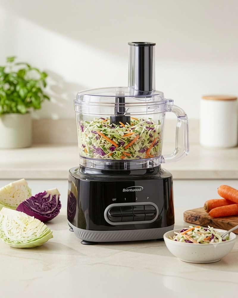 Brentwood FP-586BK 350w 8-Cup Food Processor, 4 Speeds, Chop, Slice, Shred, Grate, Wisk, Mix Dough, Julienne, Emulsify, Puree, Stainless Steel Blades, Black