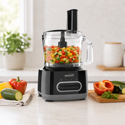 Brentwood FP-586BK 350w 8-Cup Food Processor, 4 Speeds, Chop, Slice, Shred, Grate, Wisk, Mix Dough, Julienne, Emulsify, Puree, Stainless Steel Blades, Black