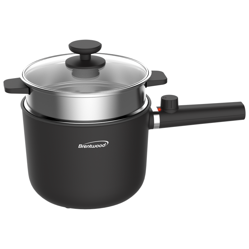 Brentwood HPS-3150BK 1.5-Liter Multi-Function Electric Hot Pot Cooker with Ceramic Non-Stick Ceramic Coating and Stainless-Steel Food Steamer, Black