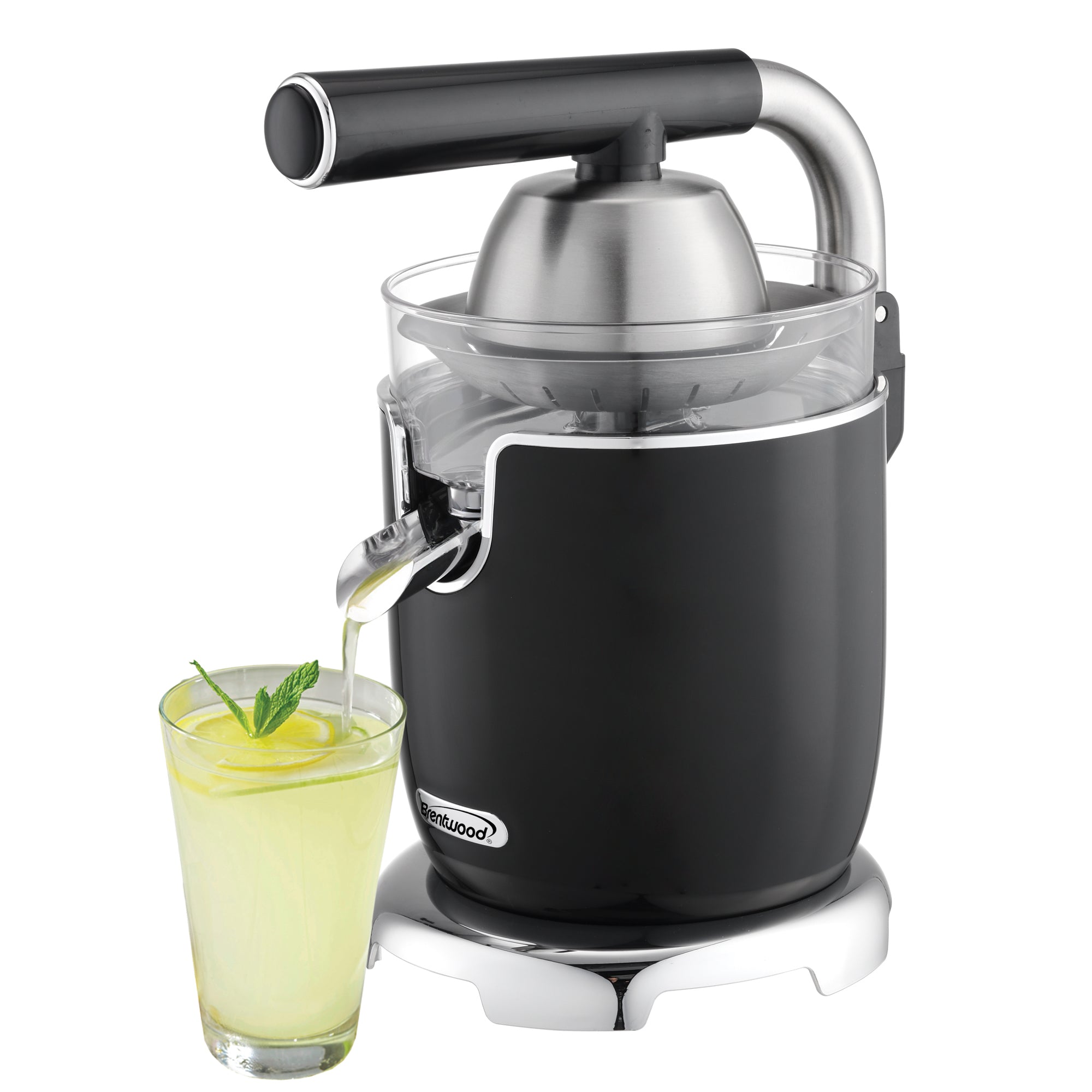 Brentwood J-28BK Powerful 200W Electric Citrus Juicer Orange, Lemon, Lime, and Grapefruit Squeezer, Stainless Steel Lever, 2 Cones, Dishwasher Safe Parts, Black