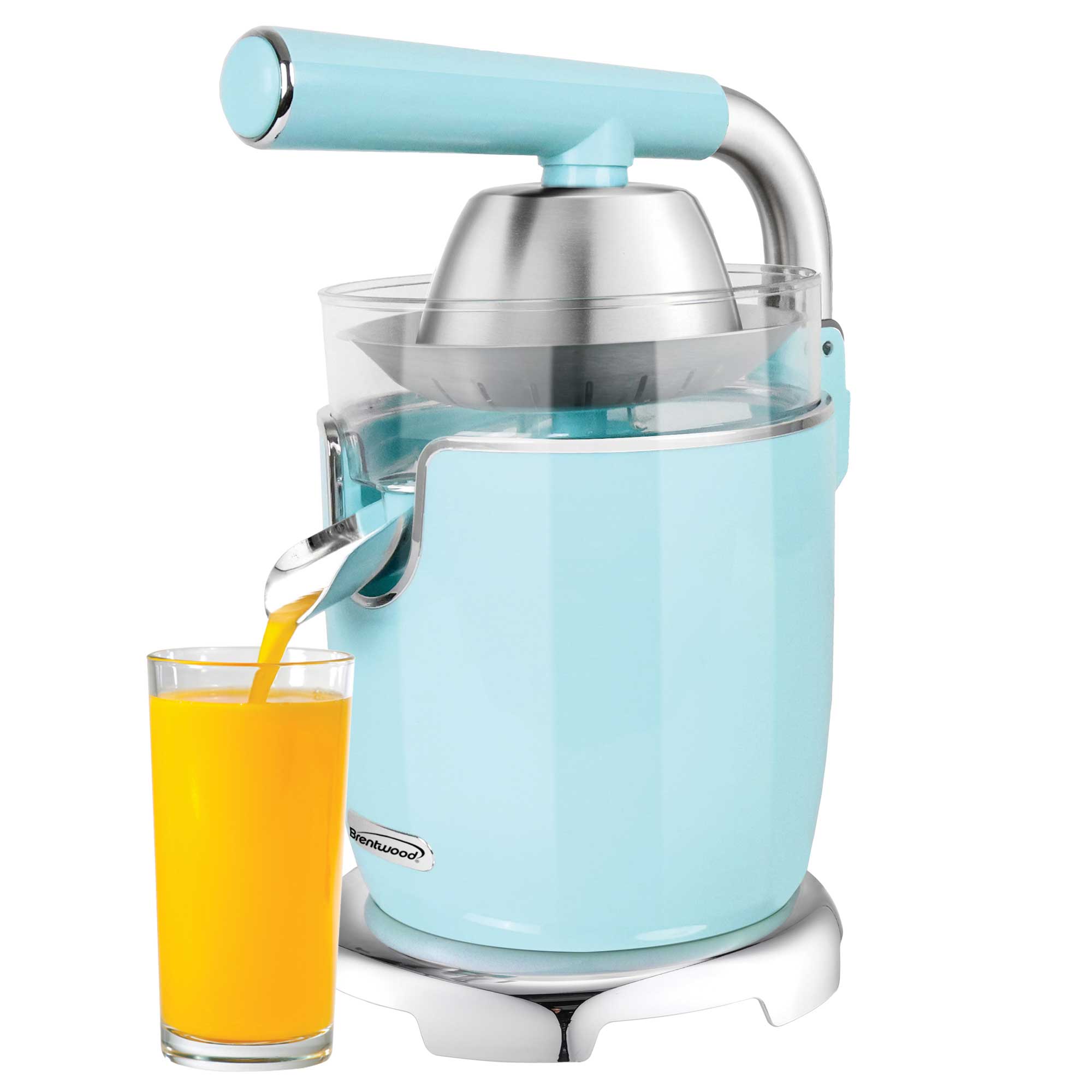 Brentwood J-28BL Powerful 200W Electric Citrus Juicer Orange, Lemon, Lime, and Grapefruit Squeezer, Stainless Steel Lever, 2 Cones, Dishwasher Safe Parts, Blue