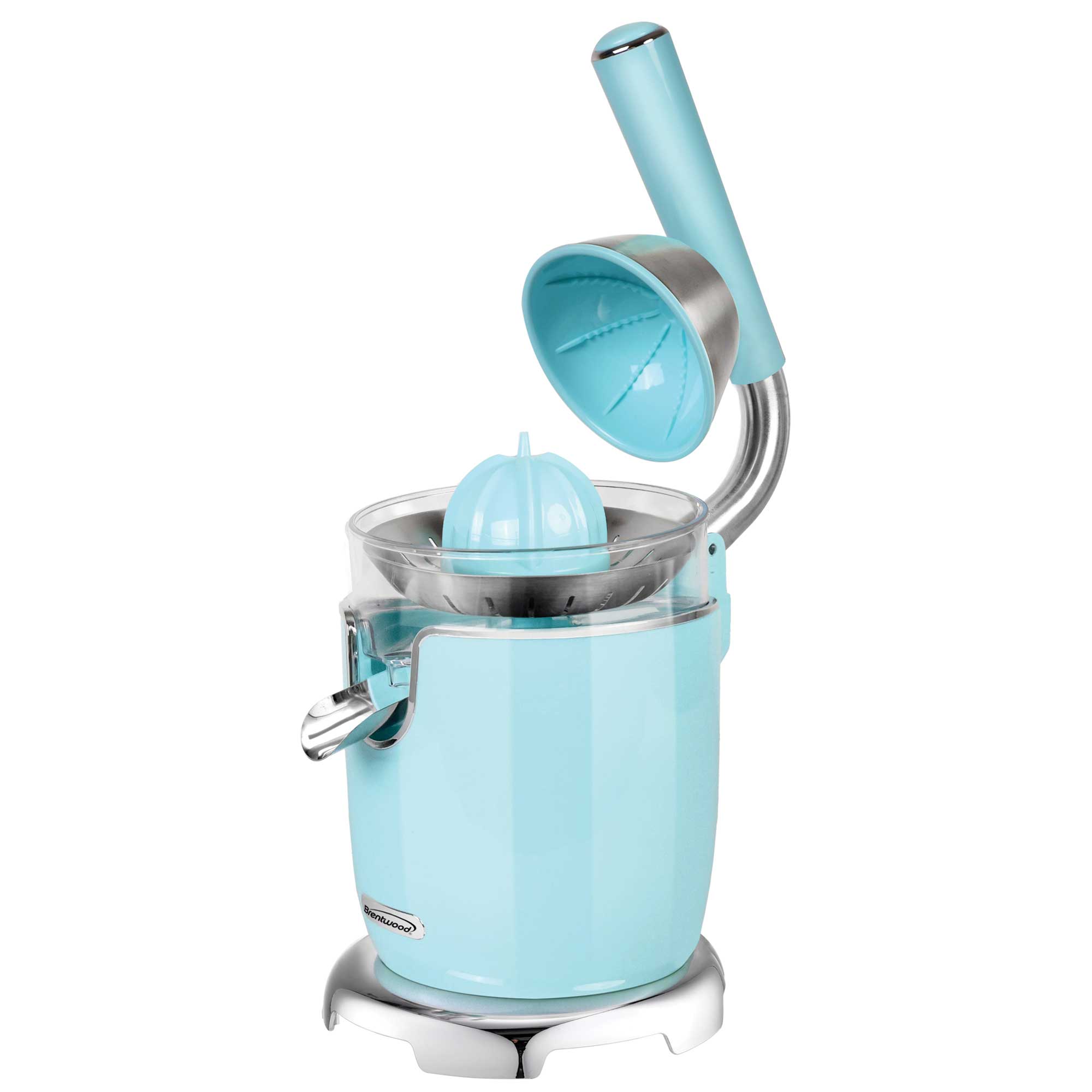 Brentwood J-28BL Powerful 200W Electric Citrus Juicer Orange, Lemon, Lime, and Grapefruit Squeezer, Stainless Steel Lever, 2 Cones, Dishwasher Safe Parts, Blue
