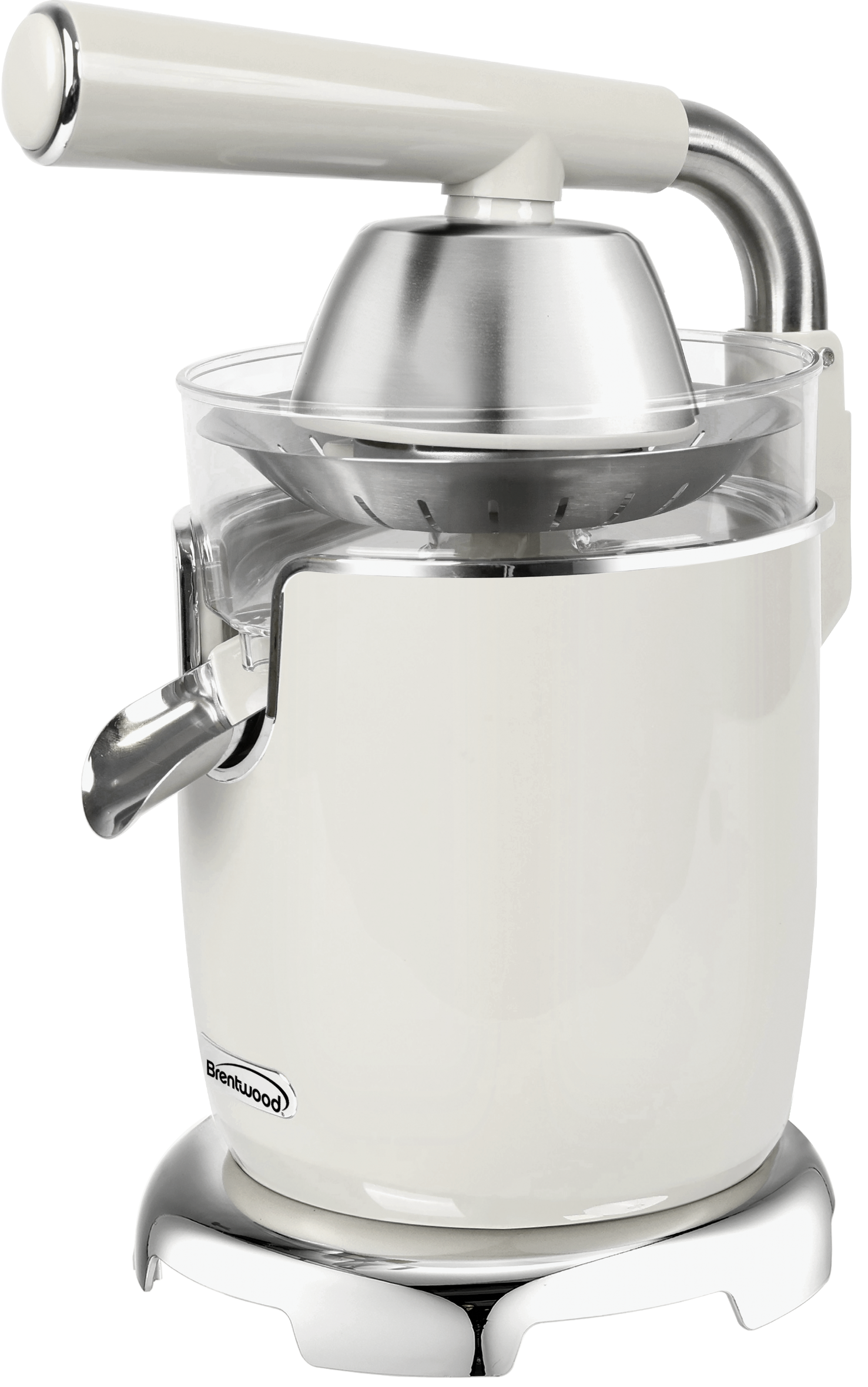 Coming Soon - Brentwood J-28W Powerful 200W Electric Citrus Juicer Orange, Lemon, Lime, and Grapefruit Squeezer, Stainless Steel Lever, 2 Cones, Dishwasher Safe Parts, White