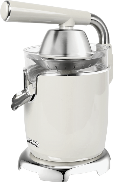 Coming Soon - Brentwood J-28W Powerful 200W Electric Citrus Juicer Orange, Lemon, Lime, and Grapefruit Squeezer, Stainless Steel Lever, 2 Cones, Dishwasher Safe Parts, White