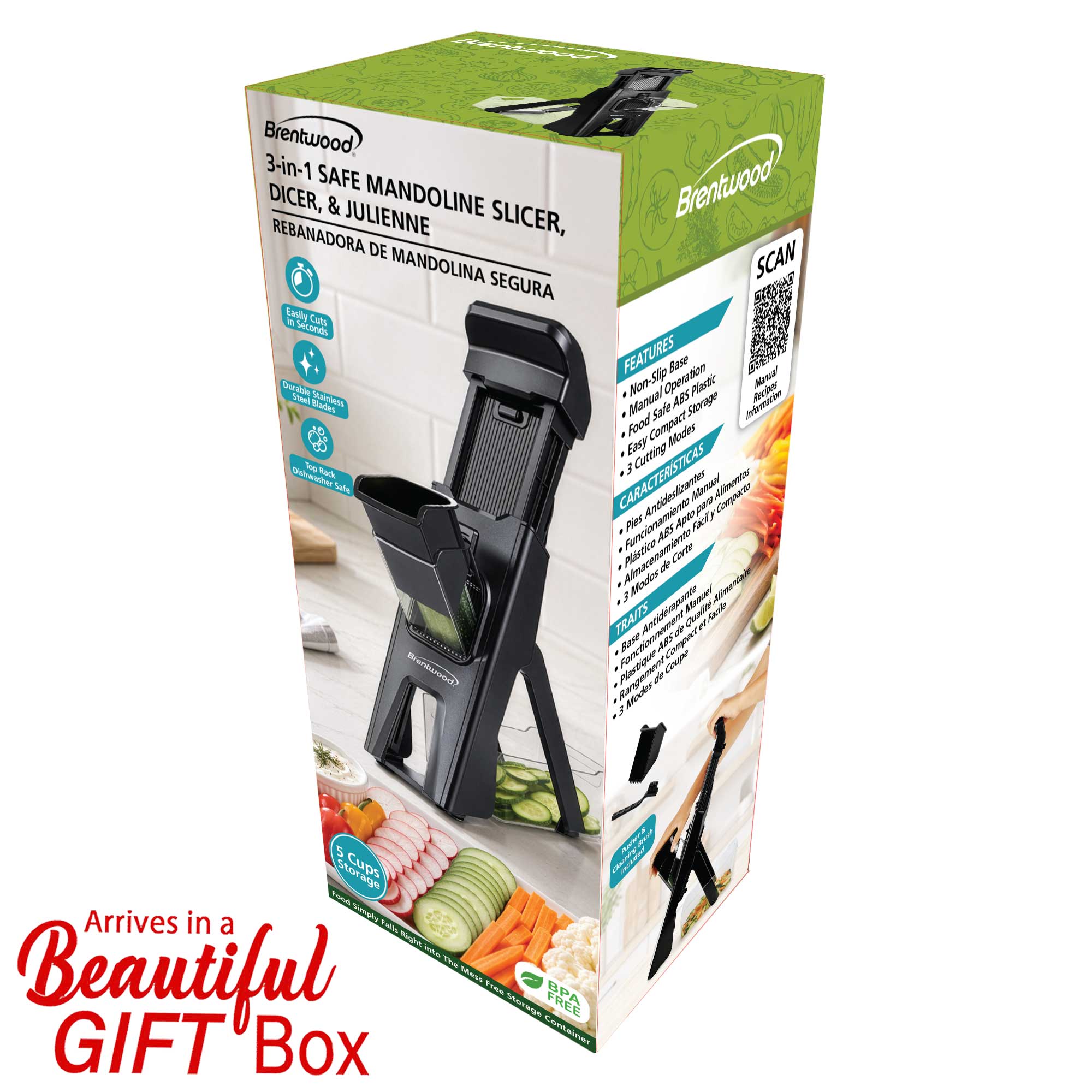 Coming Soon - Brentwood 3-in-1 Safe Mandoline Slicer, Vegetable Chopper, Thick & Thin Julienne, Adjustable Thickness 0.5mm-8mm, Black