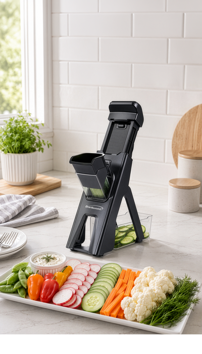 Coming Soon - Brentwood 3-in-1 Safe Mandoline Slicer, Vegetable Chopper, Thick & Thin Julienne, Adjustable Thickness 0.5mm-8mm, Black