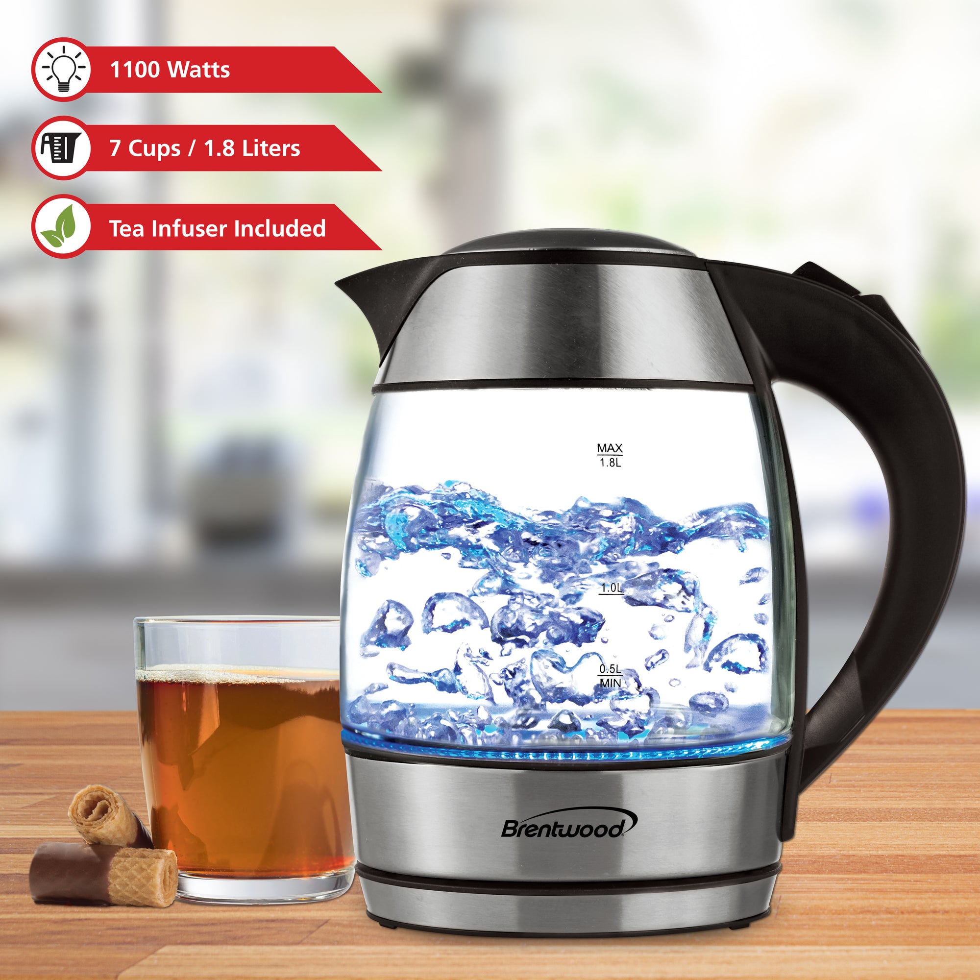 Brentwood KT-1960BK 1.8L Cordless Glass Electric Kettle with Tea Infuser, Black