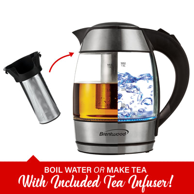Brentwood KT-1960BK 1.8L Cordless Glass Electric Kettle with Tea Infuser, Black