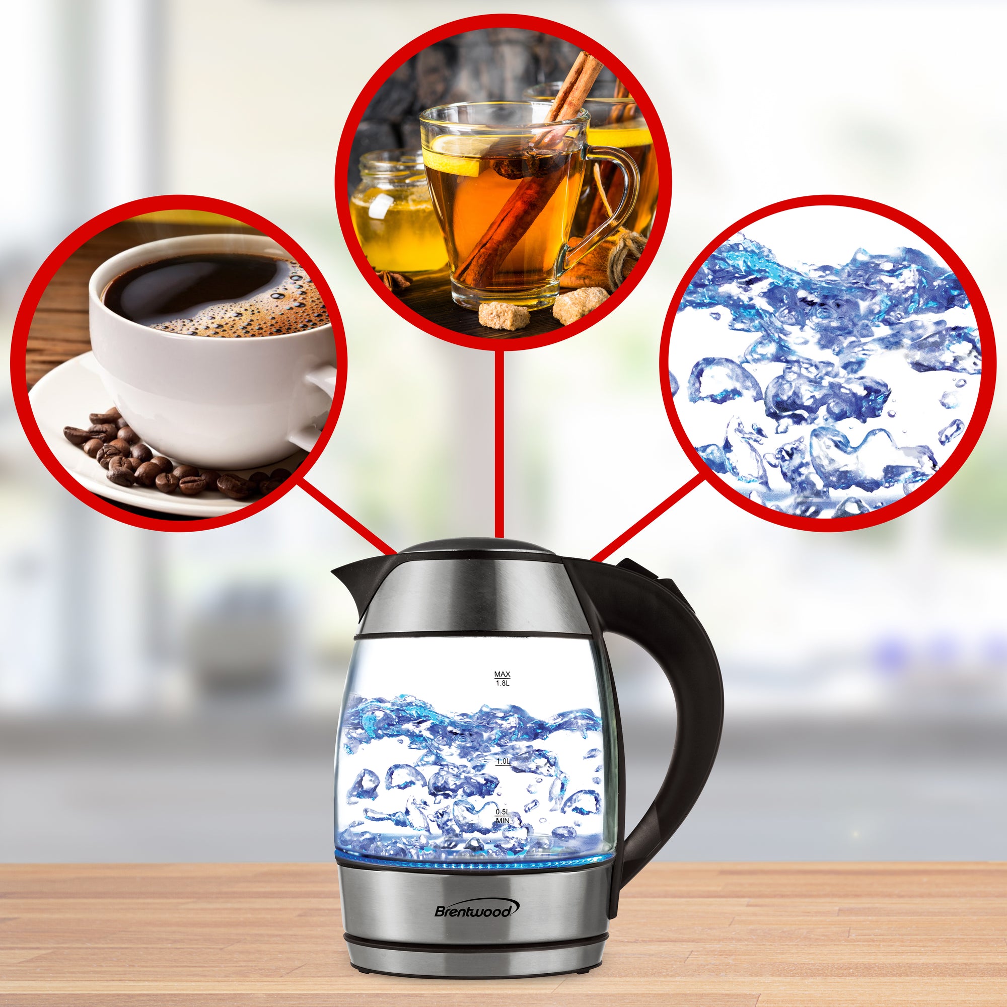 Brentwood KT-1960BK 1.8L Cordless Glass Electric Kettle with Tea Infuser, Black