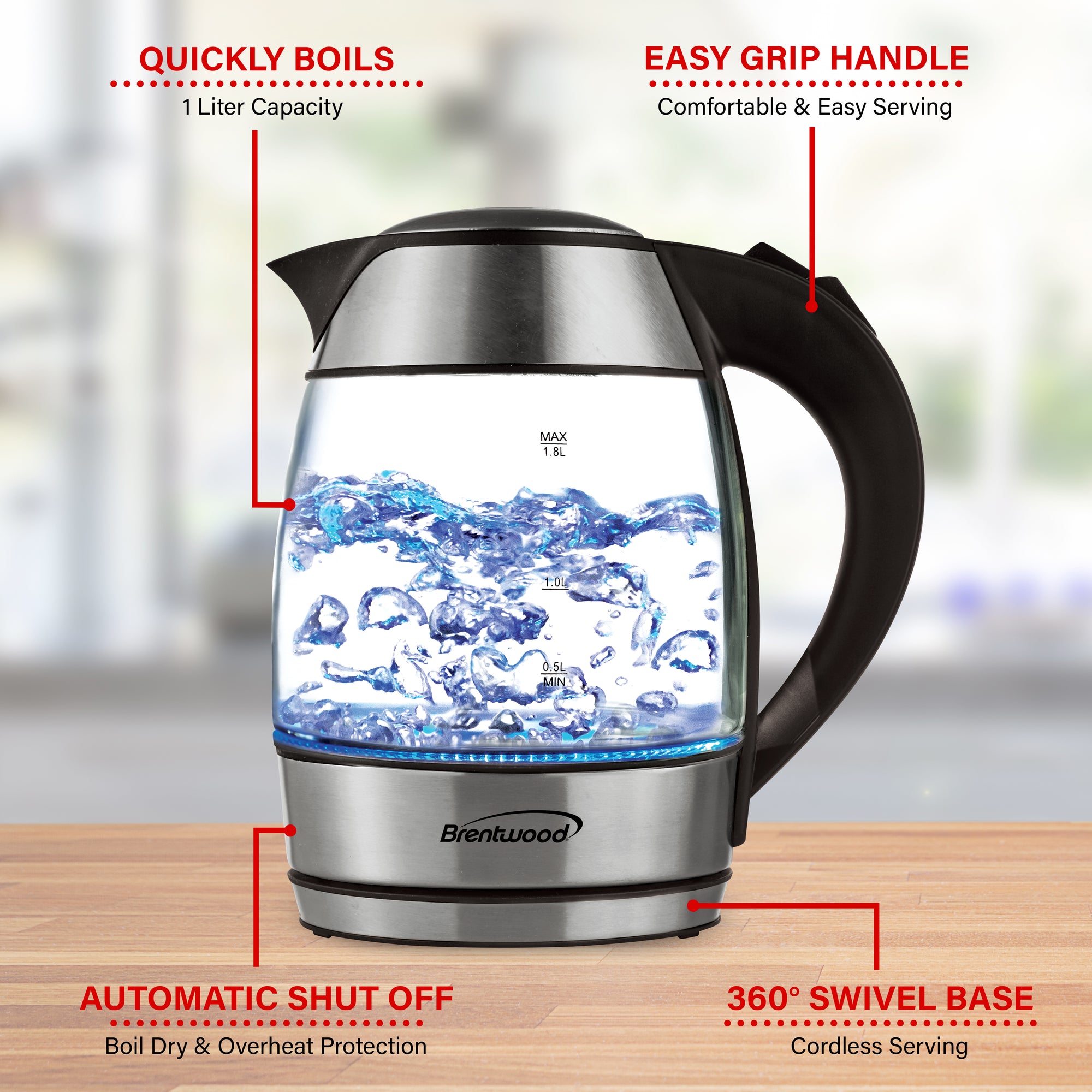 Brentwood KT-1960BK 1.8L Cordless Glass Electric Kettle with Tea Infuser, Black