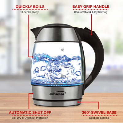 Brentwood KT-1960BK 1.8L Cordless Glass Electric Kettle with Tea Infuser, Black