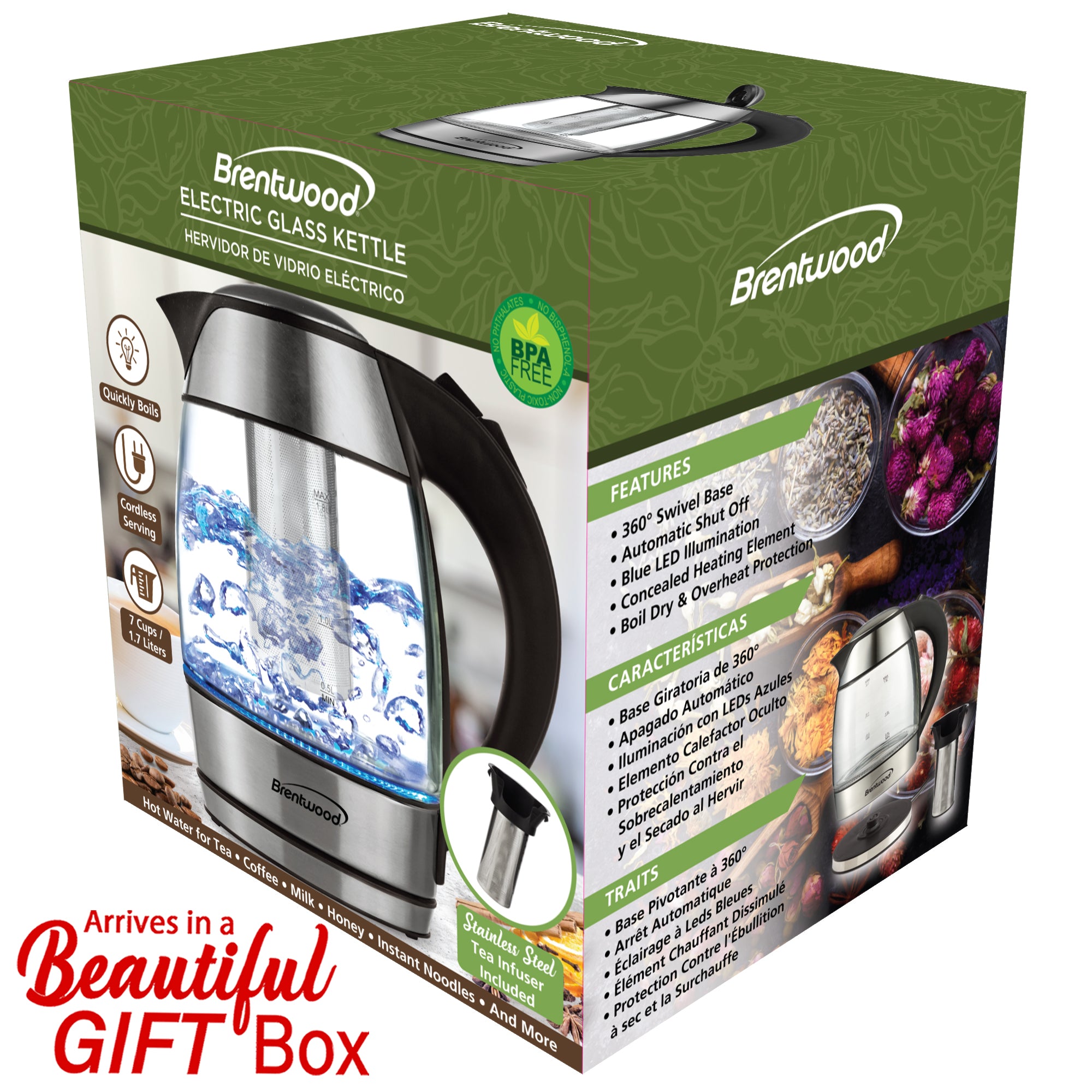 Brentwood KT-1960BK 1.8L Cordless Glass Electric Kettle with Tea Infuser, Black