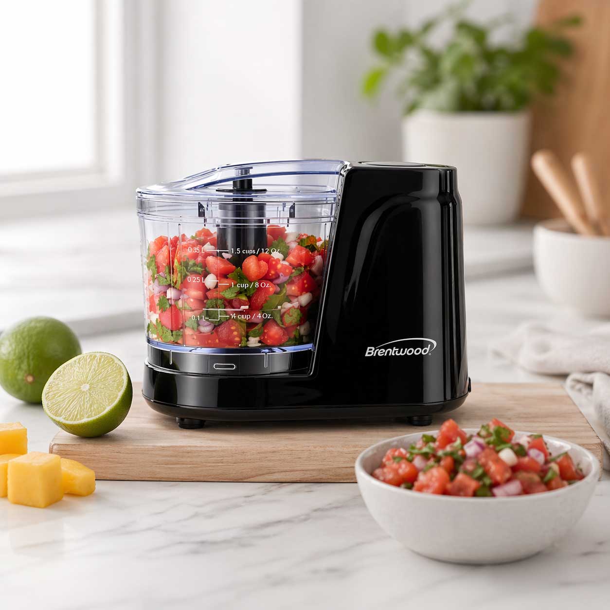Coming Soon - Brentwood MC-102BK 1.5 Cup Mini Food Chopper, One Touch Pulse, Stainless Steel Blades, Drizzle Hole, Dishwasher Safe Parts, Black