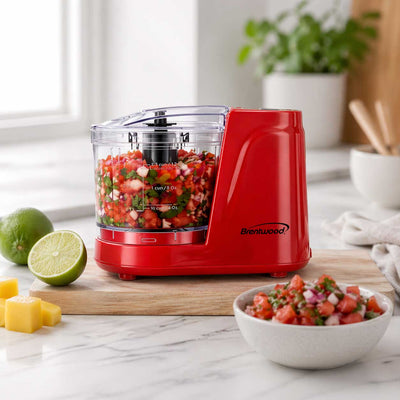 Coming Soon - Brentwood MC-102R 1.5 Cup Mini Food Chopper, One Touch Pulse, Stainless Steel Blades, Drizzle Hole, Dishwasher Safe Parts, Red