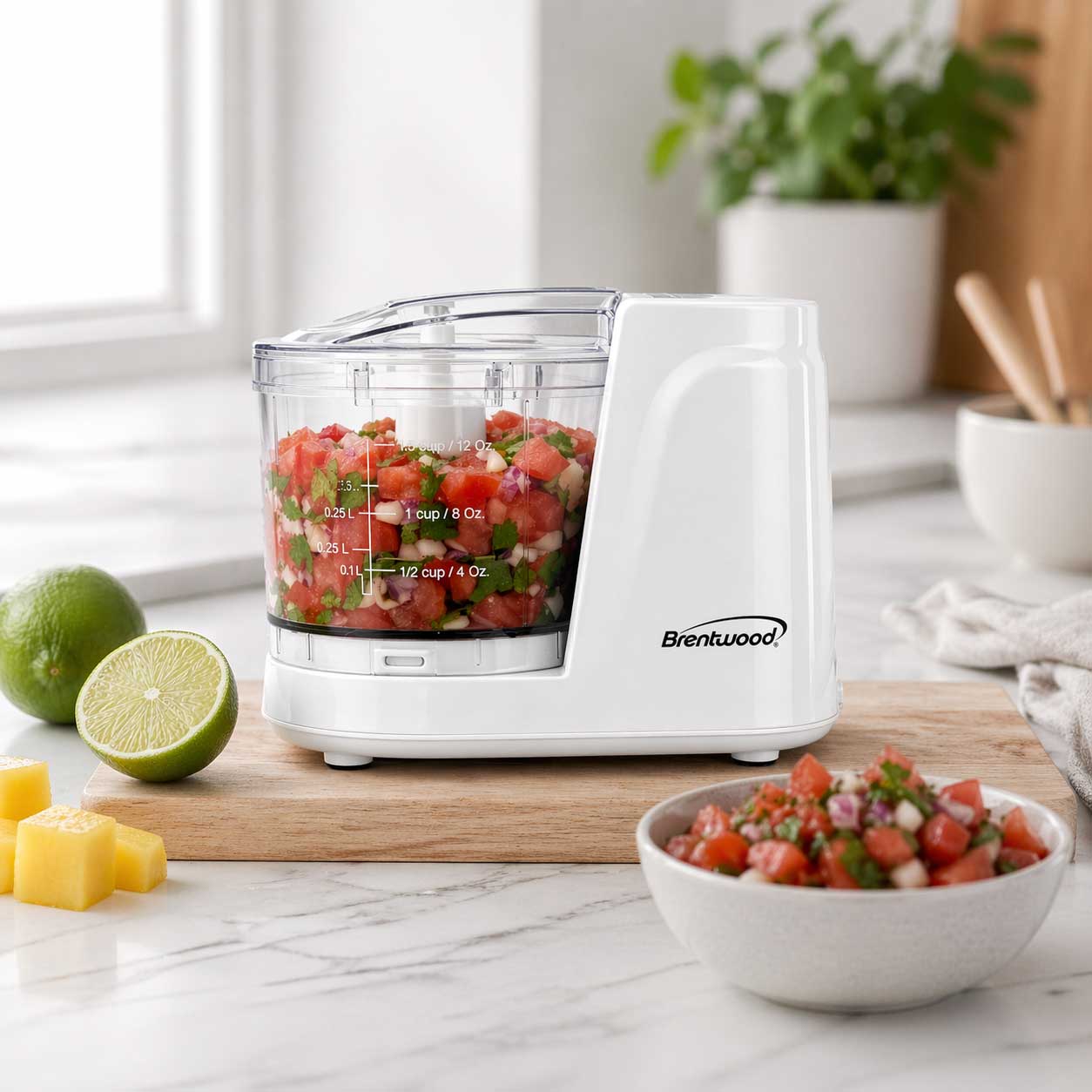 Coming Soon - Brentwood MC-102W 1.5 Cup Mini Food Chopper, One Touch Pulse, Stainless Steel Blades, Drizzle Hole, Dishwasher Safe Parts, White