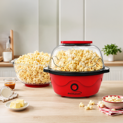 Coming Soon - Brentwood PC-489R 12-Cup Healthy Hot Air Popcorn Maker with 2-in-1 Measuring Cup and Butter Melting Tray, Red