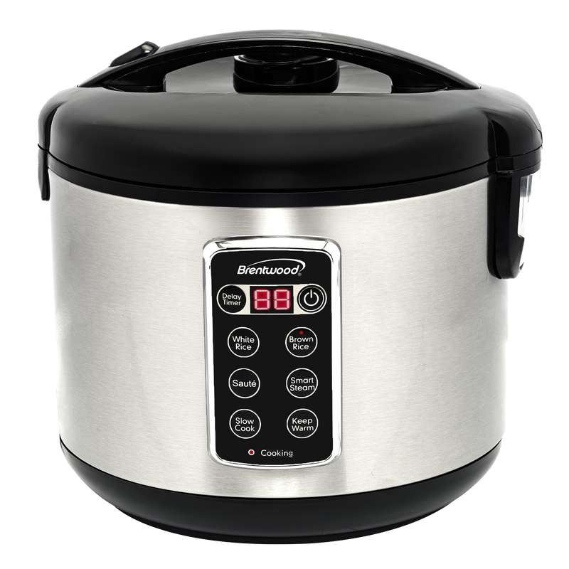 Brentwood RC-5116DS 16-Cups Cooked/8-Cups Uncooked 6-Function Smart Multi-Cooker – Rice Cooker, Food Steamer, Slow Cooker, Sauté, Keep Warm, and Delay Time, Steam Tray, Measuring Cup, and Spatula, Stainless Steel