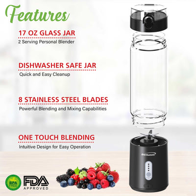 Brentwood RJB-100BK 17oz Portable Battery Operated USB Glass Blender, Black