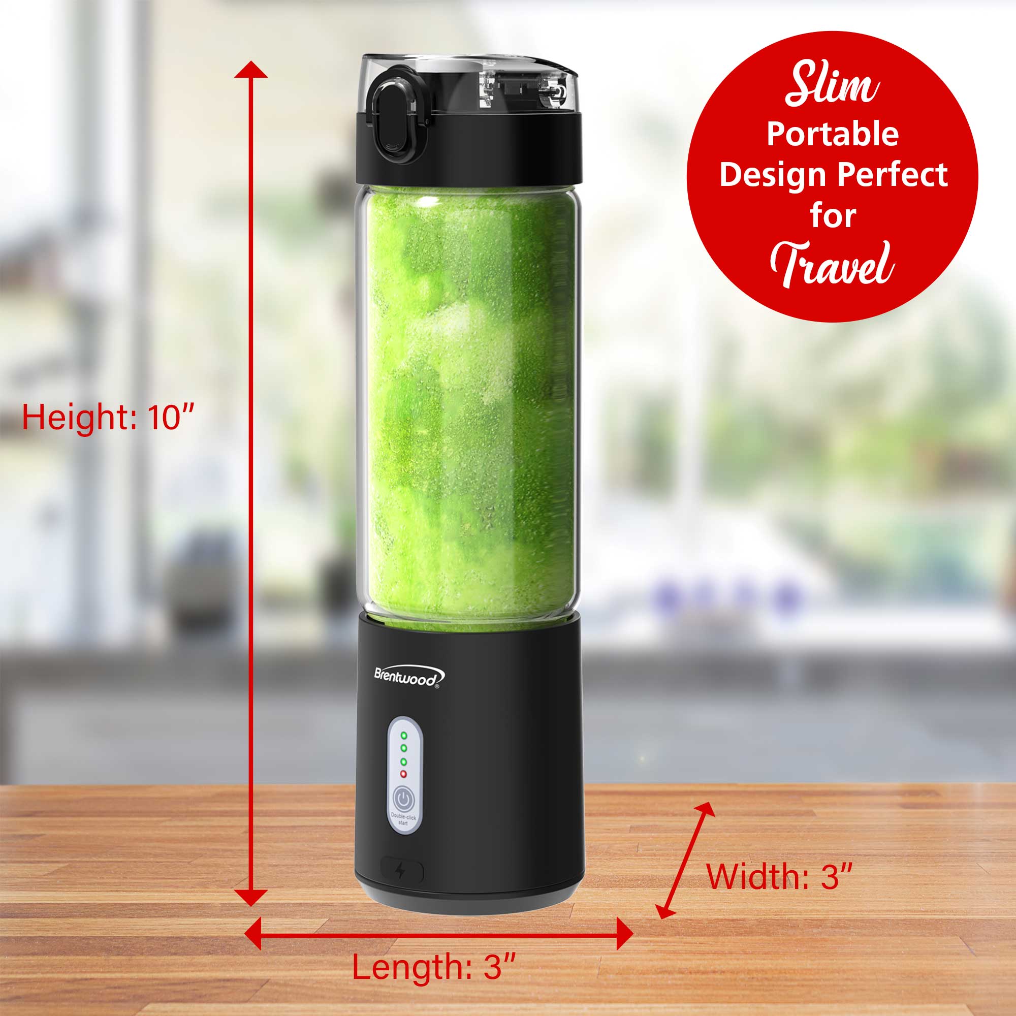 Brentwood RJB-100BK 17oz Portable Battery Operated USB Glass Blender, Black