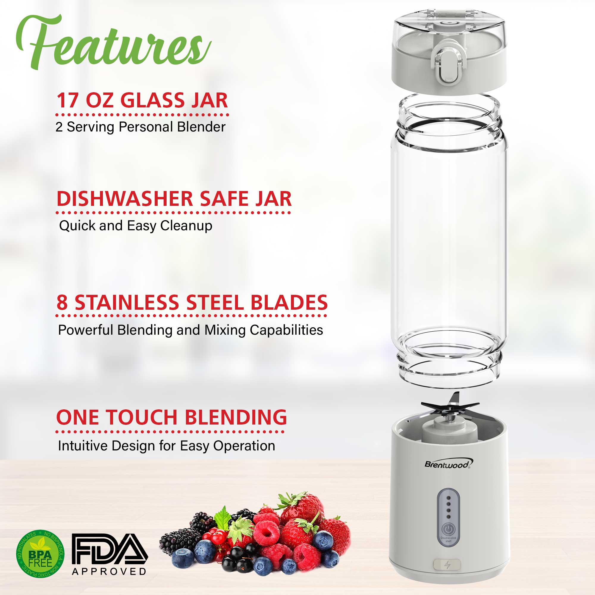 Brentwood RJB-100W 17oz Portable Battery Operated USB Glass Blender, White