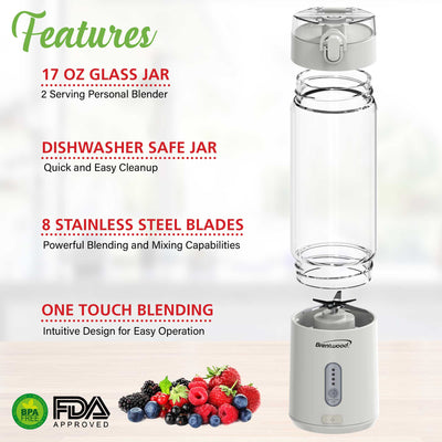 Brentwood RJB-100W 17oz Portable Battery Operated USB Glass Blender, White