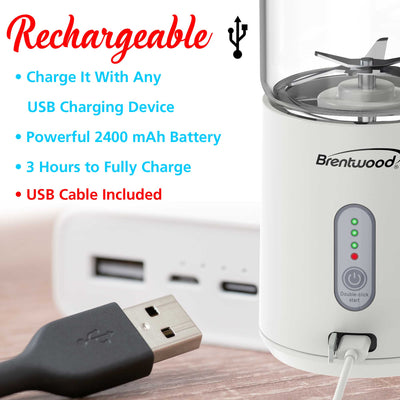 Brentwood RJB-100W 17oz Portable Battery Operated USB Glass Blender, White